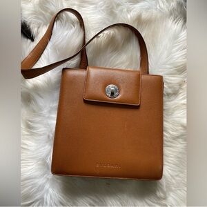 Bvlgari Womens Leather Turnlock Accordion Shoulder Satchel Bag Handbag Cognac